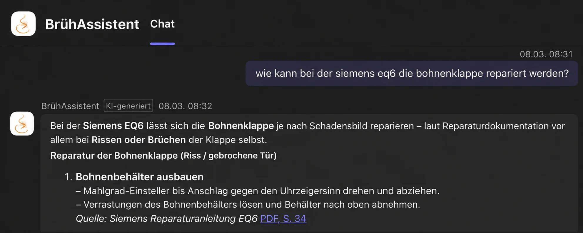 Chat mit dem BrühAssistenten in Microsoft Teams: Auf die Frage, wie sich bei der Siemens EQ6 die Bohnenklappe reparieren lässt, antwortet der Assistent mit einer Schritt-für-Schritt-Anleitung und nennt als Quelle die Siemens-Reparaturanleitung, Seite 34.