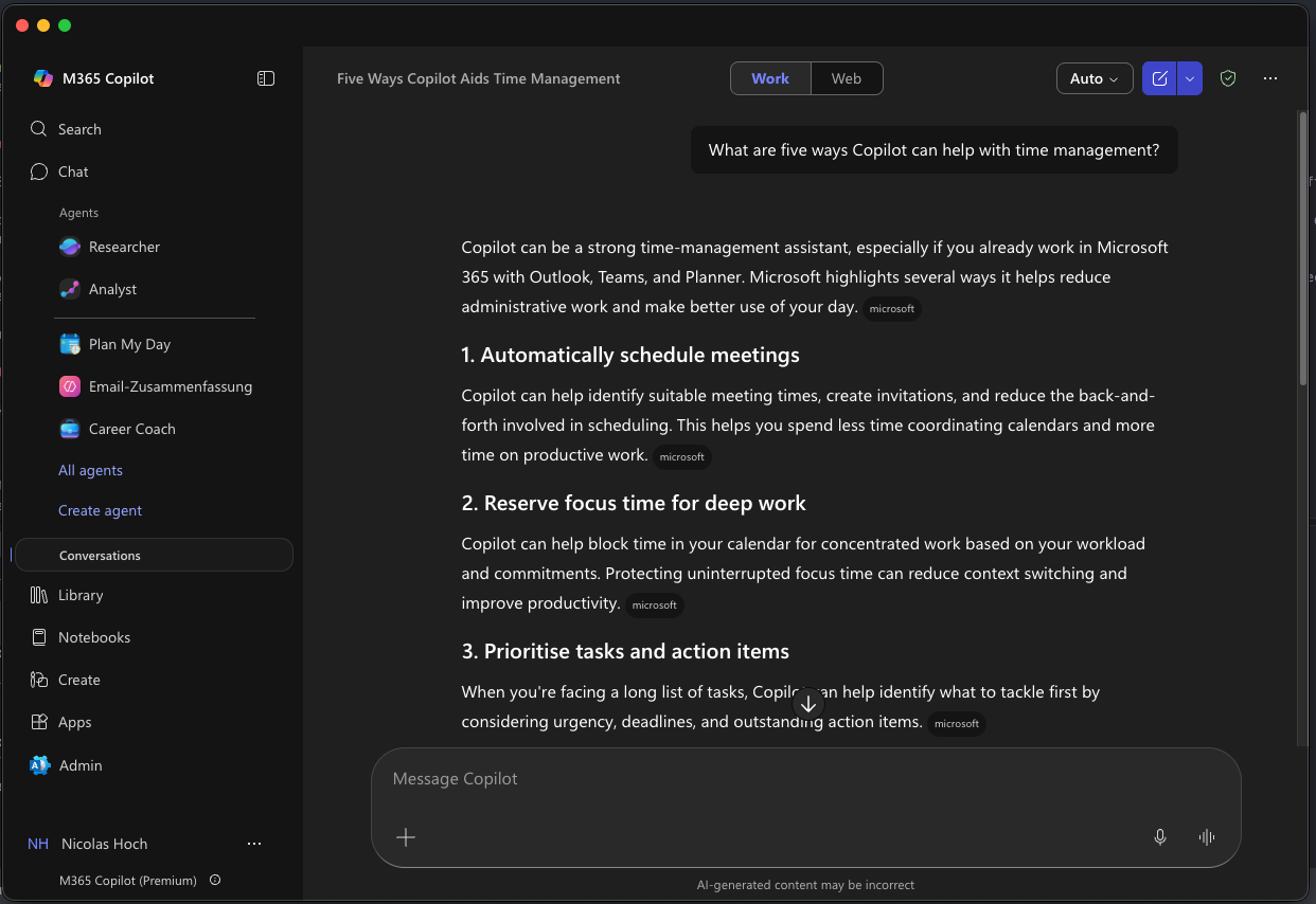 Microsoft 365 Copilot im Arbeitsmodus mit einer Antwort zum Zeitmanagement